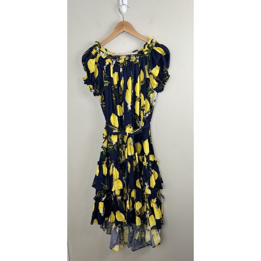 INA Lemon Dress Navy Tiered Ruffles High-Low Tie Waist Short Sleeve Sz Sm Whimsy